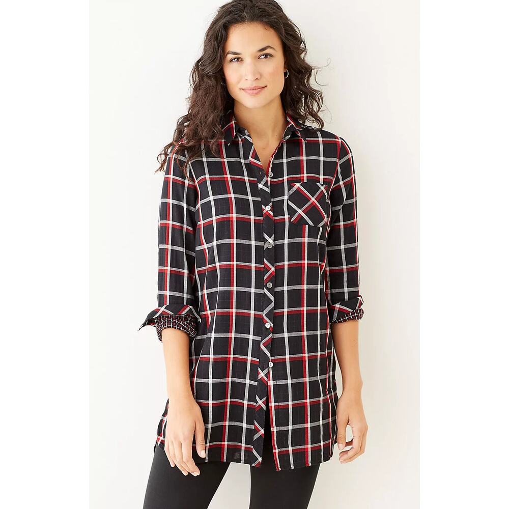 J Jill Womens‎ Perfect Plaid Double Cloth Long Tunic Shirt Size Medium Button Up